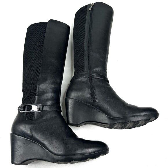 BLONDO Laina Tall Waterproof Black Leather Riding Boots Women's 7.5M Wedge Zip - Picture 8 of 15